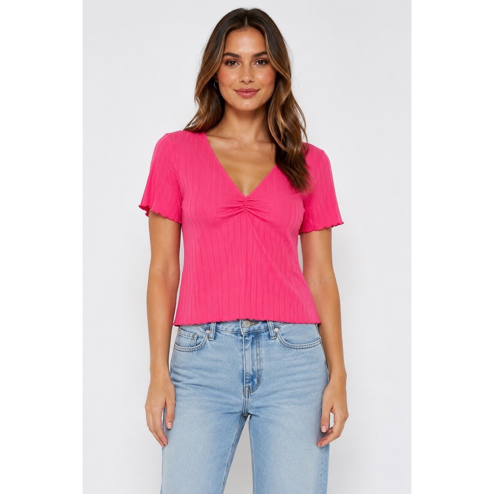 Lilou Hot Pink Ribbed Top Women L Ruched V Neck Flutter Sleeve Y2K Barbiecore